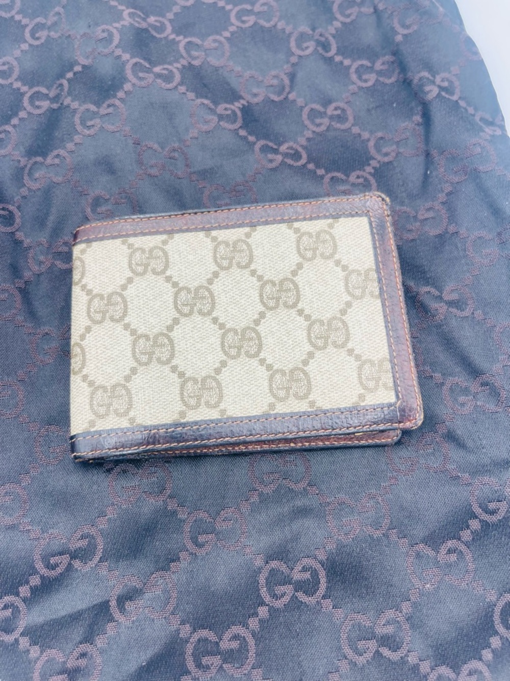 Gucci Beige Monogram Canvas Bifold Wallet with Brown Trim